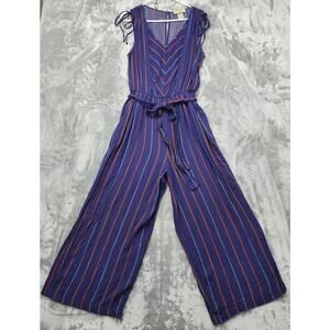 Davina Jumpsuit Womens M‎ Blue Red Striped Rayon Sleeveless Belted Wide Leg